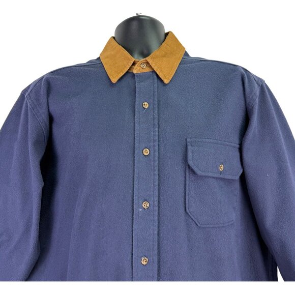 Lands End Navy Cotton Button-Up Shirt W/ Brown Corduroy Collar Workwear - Picture 3 of 9